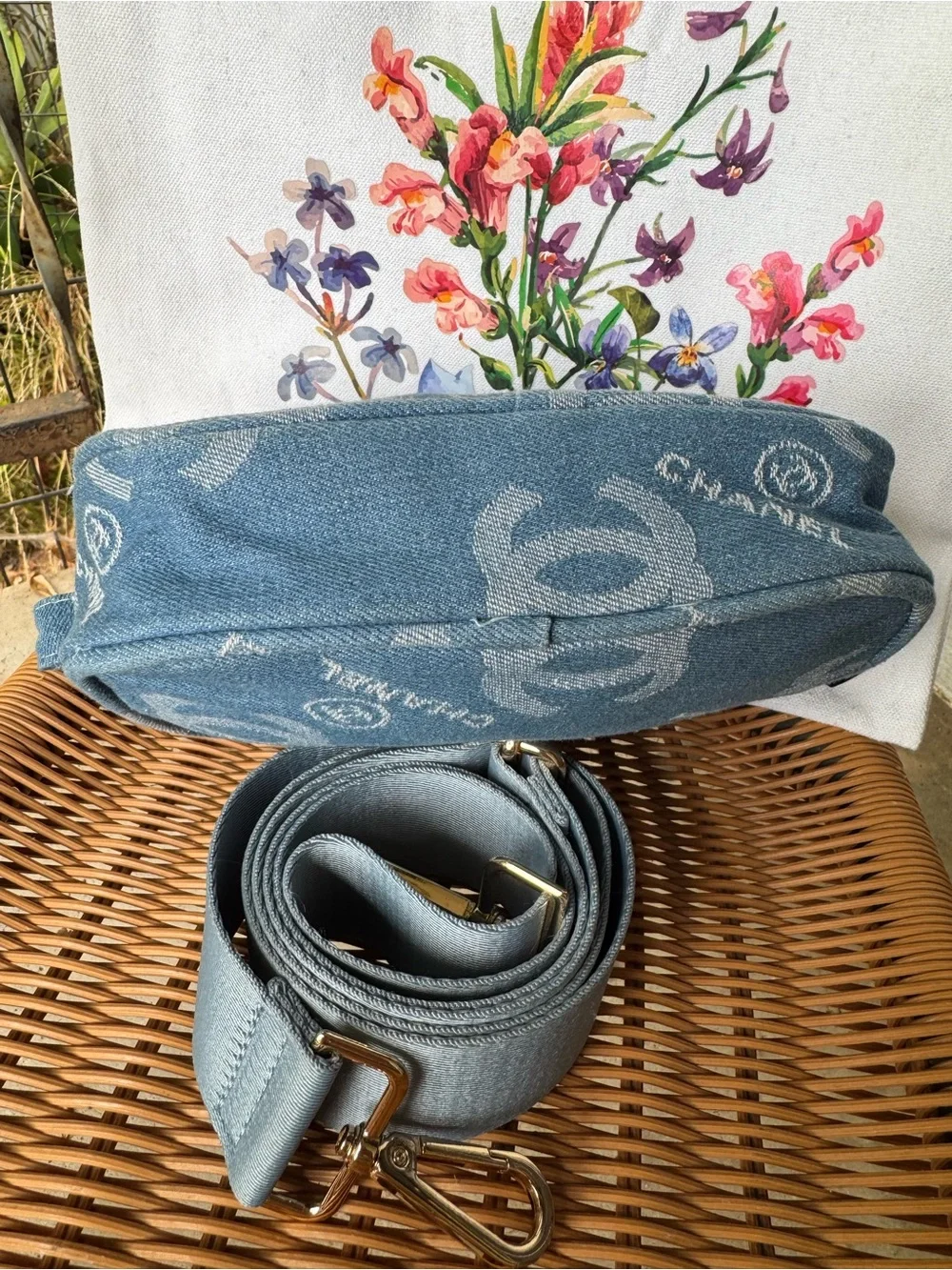 CHANEL Light Blue Denim Logo Canvas Beaute pouch/crossbody.